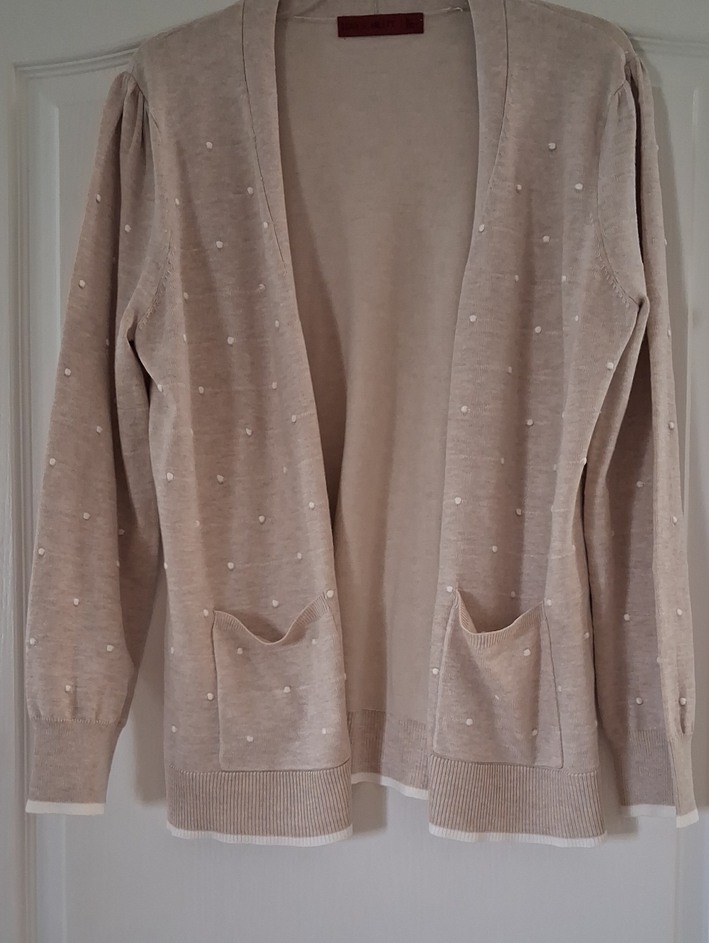 Scarlett Beige Open-Front Cardigan with Pearl Dot Accents